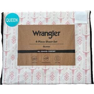 Wrangler Steer Head Stripe Pink QUEEN Sheet Set Western Themed Longhorn Skulls